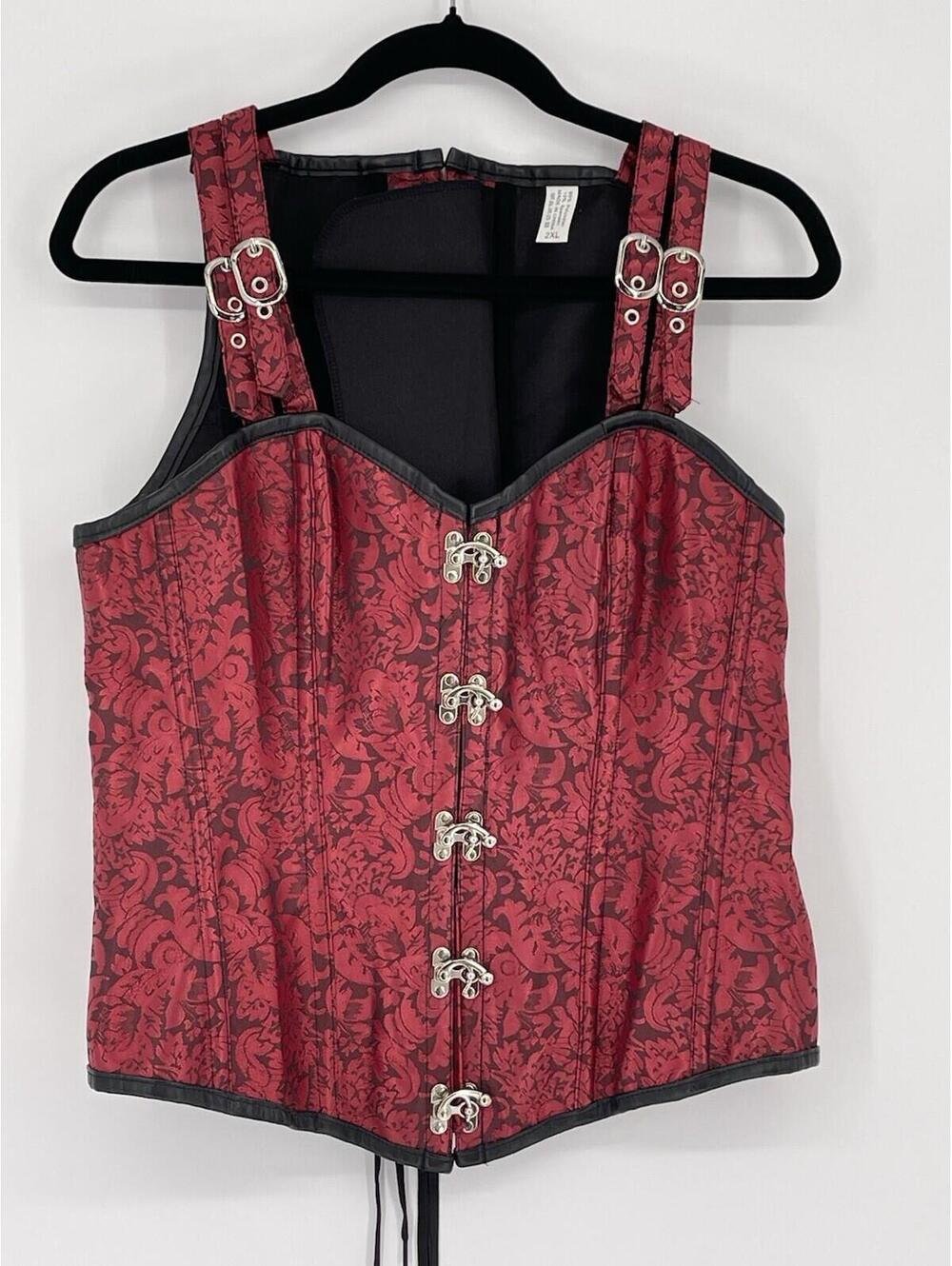 Red Black Brocade Corset Bustier Top Gothic Steampunk Lace Up 2XL - Runs Small